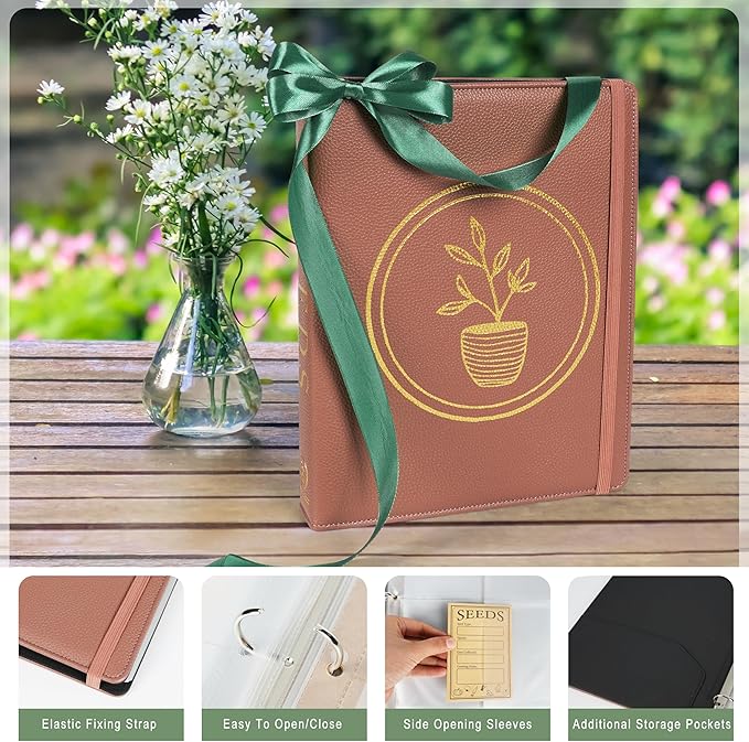Seed Storage Organizer Binder – Holds 100 Seed Packets, Seed Packet Organizer Book w/Side Loading Sleeves, 4 Kraft Paper Dividers, Extra Pockets, 10 Blank Envelopes, Gift for Garden Enthusiasts.
