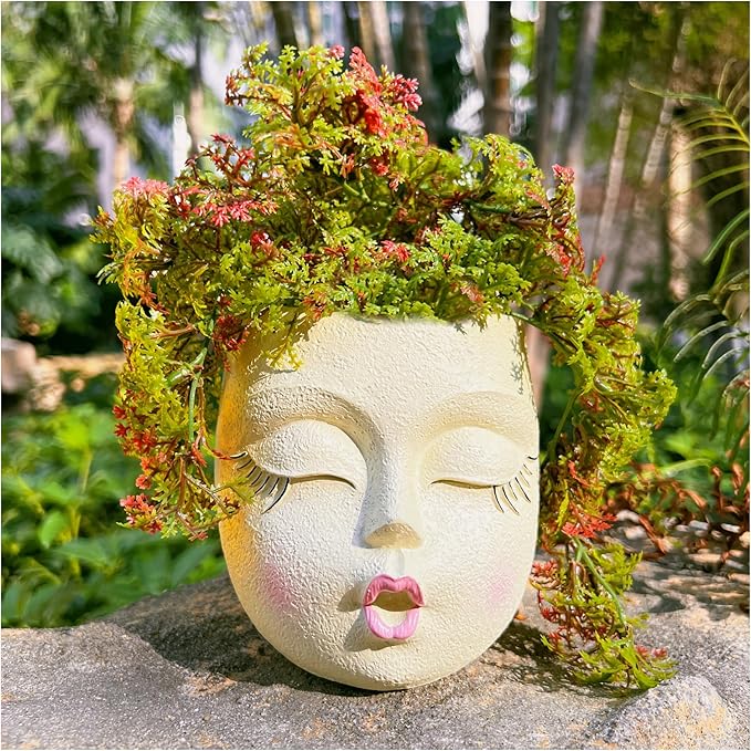 Handcrafted Head Planter Kiss Face Planter Pot Cute Flower Pot Resin Head Face Plant Pots for Succulent with Drainage Pale Yellow 1Pack