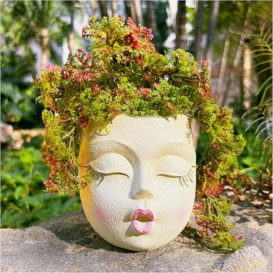 Handcrafted Head Planter Kiss Face Planter Pot Cute Flower Pot Resin Head Face Plant Pots for Succulent with Drainage Pale Yellow 1Pack