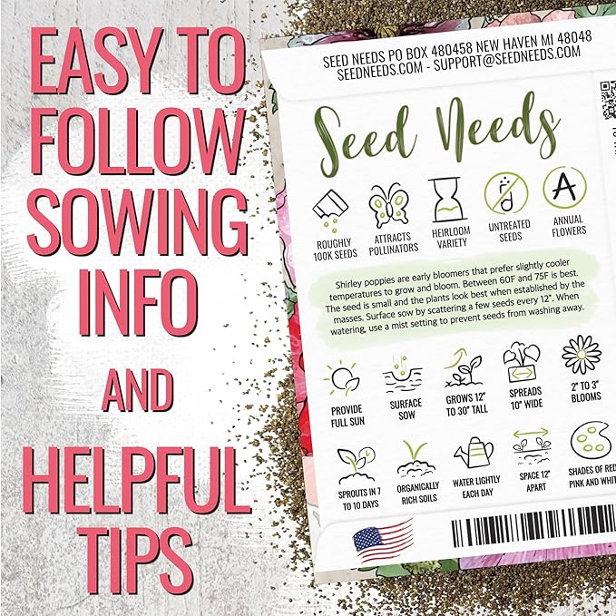 Seed Needs Shirley Mixed Poppy Seeds for Planting Double Mixture | 100,000+ Heirloom Seeds Papaver Rhoeas Open Pollinated | Bulk Package Double Mixture Blend Annual Flowering Seed