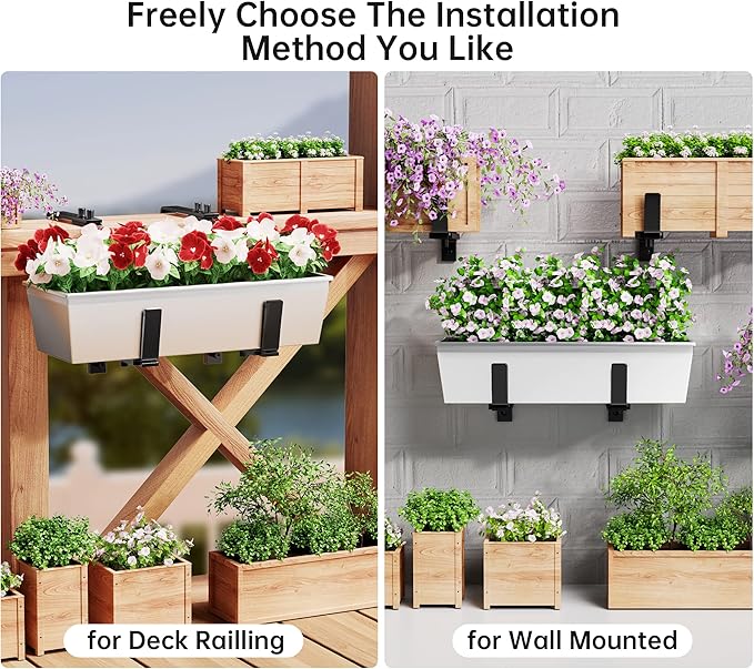 Y&M 2 Pcs Deck Railing Adjustable Planter Box Brackets (6 to 12.5 in), Universal Heavy Duty Iron Flower Box Brackets Wall Mounting Hooks for Fences, Patio, and Garden - Black (Patent Registered)