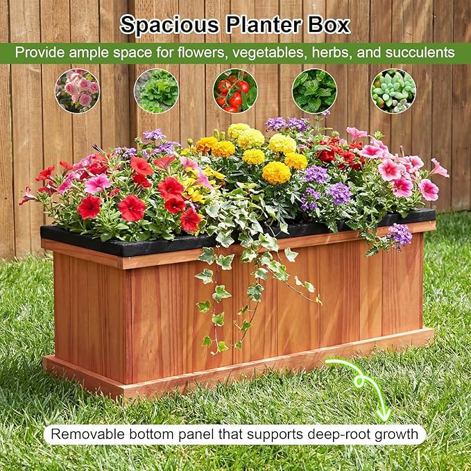 Giantex Outdoor Raised Garden Bed Set of 2, 28” x 10” x 10” Pine Wood Planter Box w/ 3 Drainage Holes, Removable Bottom & Bed Liner, Rectangular Flower Container for Vegetables Herbs, Indoor & Outdoor
