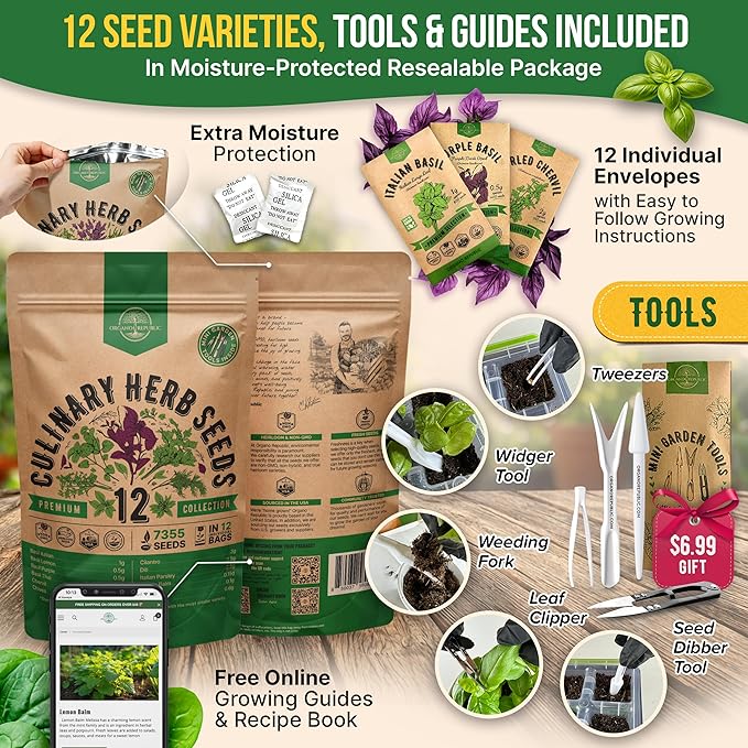 Organo Republic 12 Culinary Herbs Seeds Variety Pack - 7,355+ Heirloom, Non-GMO, Herbs Seeds for Outdoor and Indoor Home Gardening, Including Basil, Cilantro, Chives, Dill, Parsley, Sage