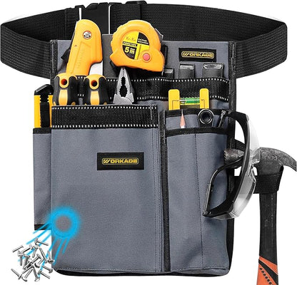 Magnetic 8-Pockets Single Side Tool Belt for Men & Women – Black Double-Layered Cordura Tool Bags/Pouches, Adjustable Quick-Release Buckle Tool Belt for Electrician, Carpenter, Plumber.