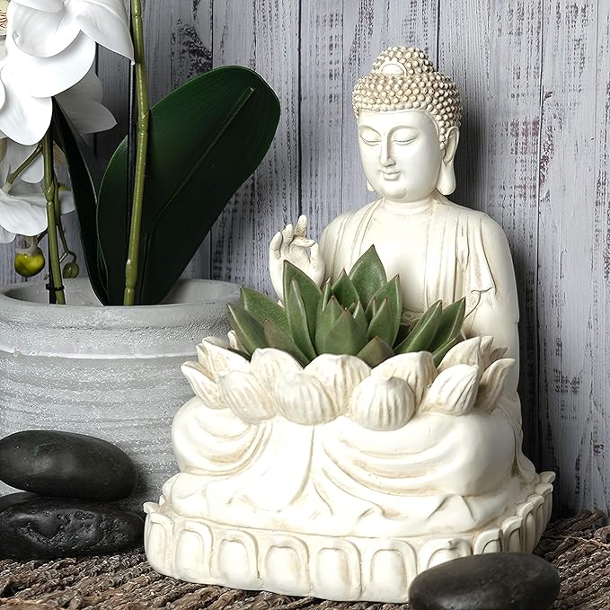 Buddha Planter – 9.5" Tall Polyresin - Zen Plant Pot Holder for Succulent, Flower, Cactus - Garden Lotus Statue Indoor or Outdoor Decor