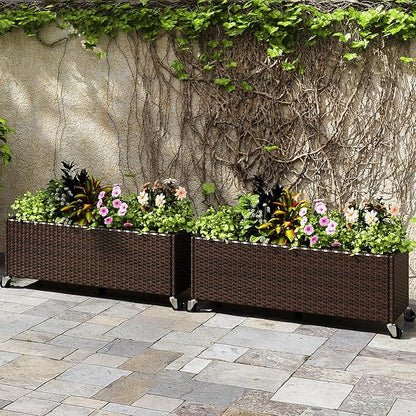 Giantex Wicker Raised Garden Bed with Wheels, 38”x12”x14”, Rectangular Garden Planter Box w/PE Rattan, Liner Fabric, Wicker Patio Elevated Raised Bed for Vegetable Flower Herb Porch Balcony