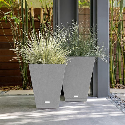 Veradek Nobleton Indoor/Outdoor Wide Square Planter (Light Grey, 22 inch - 2 Pack with 2 Saucer Trays)