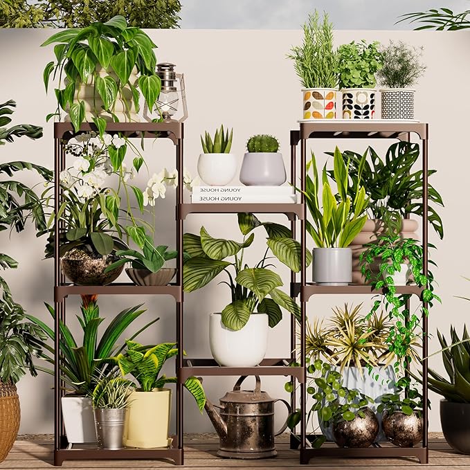 Plant Stand Indoor Outdoor Plant Shelf Stand, 3 Tiers 8 Pots Large Potted Metal Flower Plant Rack for Multiple Plants, Hanging Tall Planter Holder for Patio Balcony Living Room Corner Porch Garden Boho Decor Brown