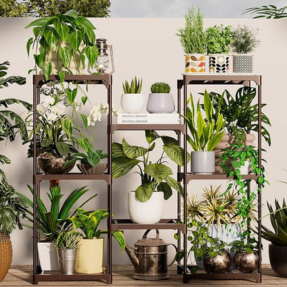 Plant Stand Indoor Outdoor Plant Shelf Stand, 3 Tiers 8 Pots Large Potted Metal Flower Plant Rack for Multiple Plants, Hanging Tall Planter Holder for Patio Balcony Living Room Corner Porch Garden Boho Decor Brown