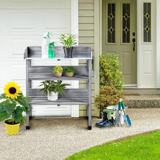 Topeakmart Fir Wood Potting Bench W/Storage Shelf W/Metal Tabletop W/Hook 3 Shelves Potting Table for Outdoor Garden Work Bench Gray