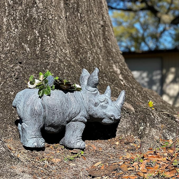 Zeckos Charming Grey Rhino MGO Planter with Drain Holes, 18.5 inches - Weather-Resistant Magnesium Oxide for Garden or Patio Decor - Unique Animal Theme Planter, Perfect for Indoor/Outdoor Use
