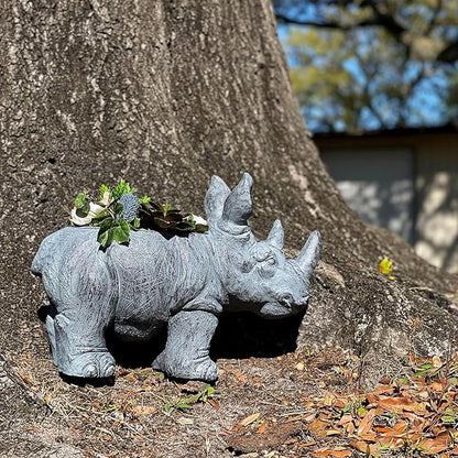 Zeckos Charming Grey Rhino MGO Planter with Drain Holes, 18.5 inches - Weather-Resistant Magnesium Oxide for Garden or Patio Decor - Unique Animal Theme Planter, Perfect for Indoor/Outdoor Use