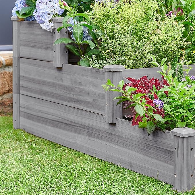 Topeakmart 3 Tier Raised Garden Bed Wood Garden Box Wooden Vegetables/Flower/Herb Elevated Garden Planter Boxes Outdoor, Gray