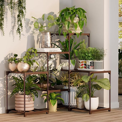 Plant Stand Indoor Outdoor Plant Shelf Stand, 3 Tiers 9 Pots Large Potted Metal Flower Plant Rack for Multiple Plants, Hanging Tall Planter Holder for Patio Balcony Living Room Corner Porch Garden Boho Decor Brown