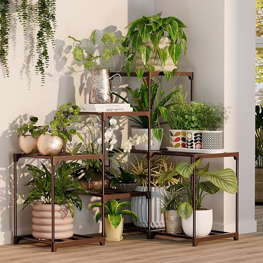 Plant Stand Indoor Outdoor Plant Shelf Stand, 3 Tiers 9 Pots Large Potted Metal Flower Plant Rack for Multiple Plants, Hanging Tall Planter Holder for Patio Balcony Living Room Corner Porch Garden Boho Decor Brown