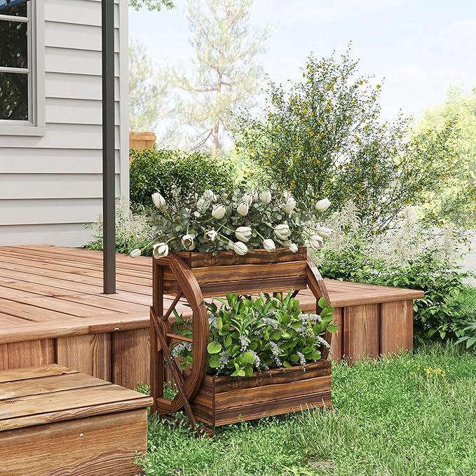Outsunny 2-Tier Raised Garden Bed, Wooden Wagon Planter Boxes with Drainage Holes, for Vegetables Flowers Herbs, 22" x 13" x 22"
