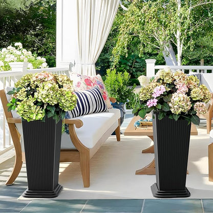 Set of 4 24" Tall Plastic Planters with Trays, Large Tapered Plant Pots for Indoor Outdoor Use, Modern Decorative Planters for Porch, Patio, Garden, and Backyard