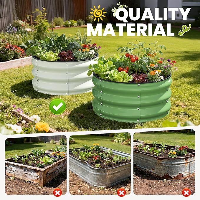 Galvanized Raised Garden Bed, 2pcs 2x2x1 FT Round Planter Box for Outdoor, Raised Beds for Gardening Vegetables Flower Herb(Pearl White & Sage Green)