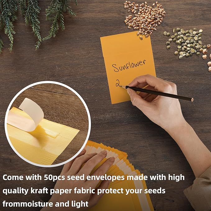 U0U Seed Storage Organizer Binder,Seed Packet Organizer with 50Pcs Garden Envelopes and 25 Clear Pocket Sheets,Seed Storage Binder Kit for Protecting Vegetable Seeds (Brown, 9.8 x 12inch)