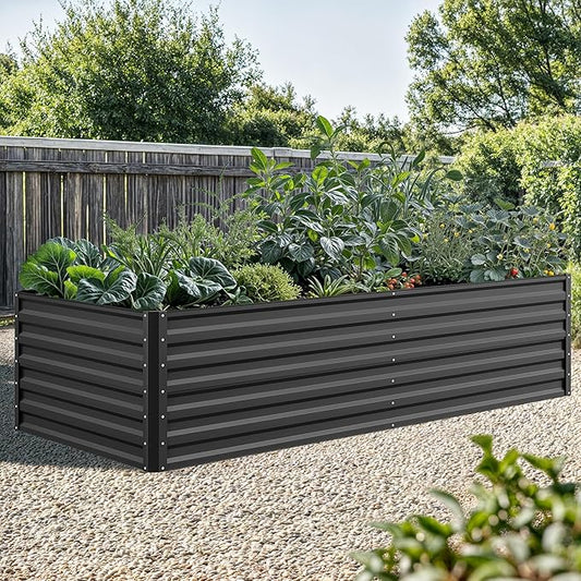 DWVO 8 x 4 x 2 FT Raised Garden Bed Kit, Outdoor Galvanized Flower Bed with Safety Rubber and Gloves, Large Metal Planter Box for Vegetables, Flowers, Herbs, Fruits, Black