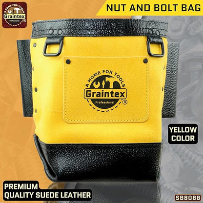 Graintex Nut & Bolt Bag Yellow Color Premium Quality Suede Leather Tool Bag, Tool Belt for Ironworker Tools, Bull Pin Loops, Ideal for Heavy-Duty Use, Bolt Bags for Construction Professionals - SB8088