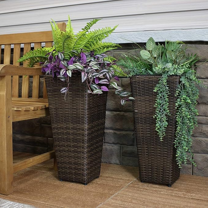 Sunnydaze Set of 2 Square Tall Wicker Planters - Polyrattan Rectangular Large Plastic planters for Outdoor Plants - 24-Inches Tall - Brown