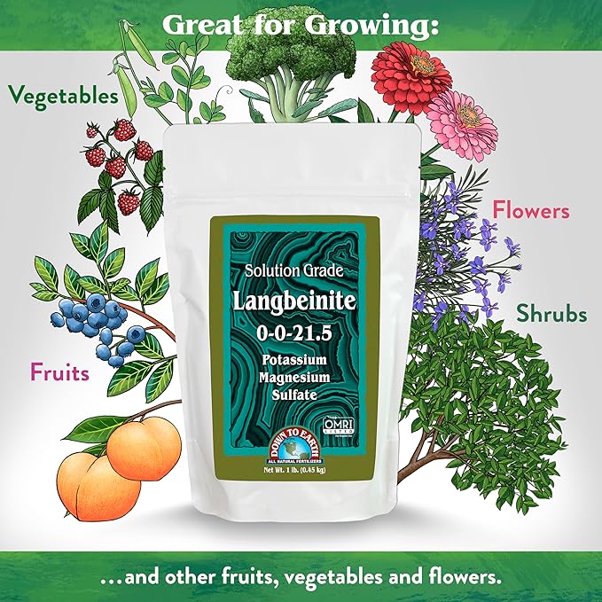 Down To Earth All Natural Fertilizers Organic Solution Grade Langbeinite - Professional Grade Potassium Magnesium Sulfate Powder 200 mesh for Liquid or Spray 0-0-21.5, 1 lb