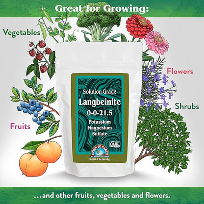 Down To Earth All Natural Fertilizers Organic Solution Grade Langbeinite - Professional Grade Potassium Magnesium Sulfate Powder 200 mesh for Liquid or Spray 0-0-21.5, 1 lb