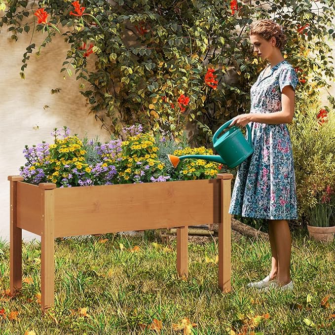 HAPPYGRILL Raised Garden Bed, Outdoor Wood Garden Box w/Legs, Drainage Holes, Black Garden Liner Fabric, Solid Wood Frame, Elevated Planter Box for Backyard Patio Balcony, 49” x 23” x 30” (L x W x H)