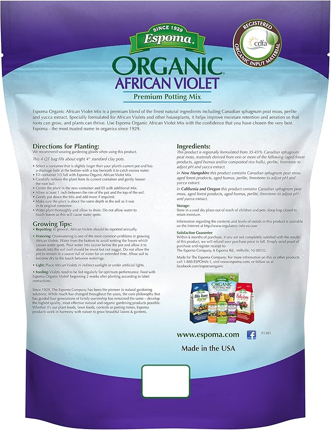 Espoma Organic Natural and Organic Premium Potting Soil Mix for African Violets and all Indoor Flowering Houseplants. For Organic Gardening. 4 Quart Bag – Pack of 2