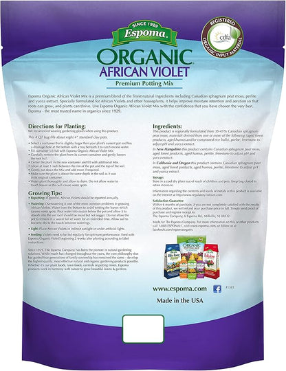 Espoma Organic Natural and Organic Premium Potting Soil Mix for African Violets and all Indoor Flowering Houseplants. For Organic Gardening. 4 Quart Bag – Pack of 2