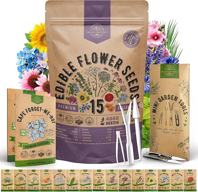 Organo Republic 15 Edible Flower Seeds Variety Pack- Indoor/Outdoor. 4800+ Non-GMO Heirloom Flower: Borage, Bishop's Flower, Chicory, Chives, Hyssop, Echinacea, Lavender Seeds & More