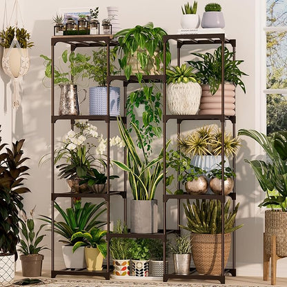 Plant Stand Indoor Outdoor Plant Shelf Stand, 4 Tiers 10 Pots Large Potted Metal Flower Plant Rack for Multiple Plants, Hanging Tall Planter Holder for Patio Balcony Living Room Corner Porch Garden Boho Decor Brown