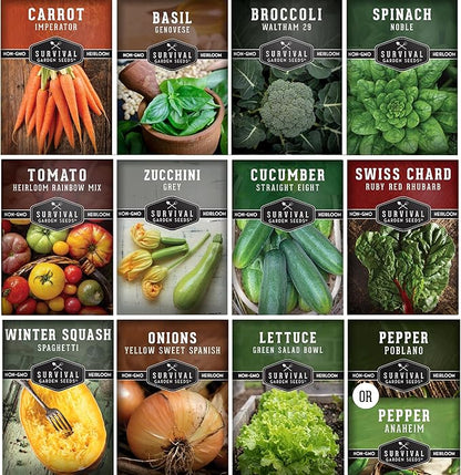 Vegetable Seeds 12 Variety Pack – Veggies & Herbs for Planting Indoor or Outdoor | Basil, Lettuce, Tomato, Cucumber, Winter Squash & More – Heirloom Kitchen Garden Gift Set – Survival Garden Seeds