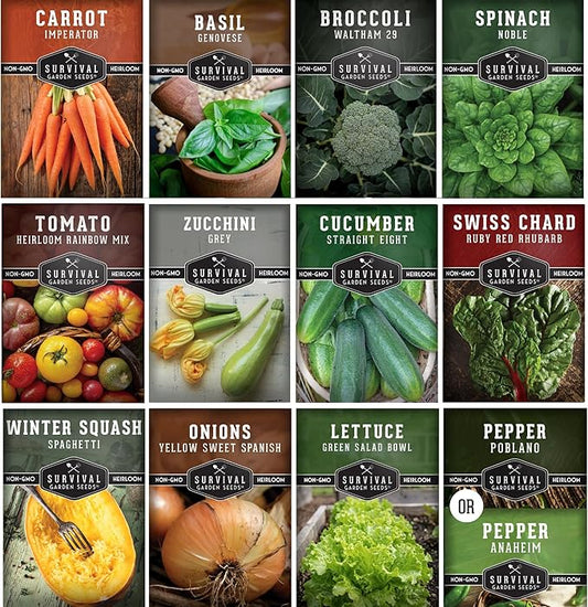 Vegetable Seeds 12 Variety Pack – Veggies & Herbs for Planting Indoor or Outdoor | Basil, Lettuce, Tomato, Cucumber, Winter Squash & More – Heirloom Kitchen Garden Gift Set – Survival Garden Seeds