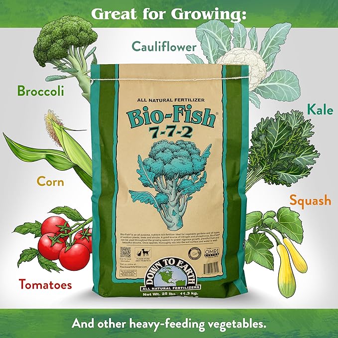 Down To Earth All Natural Fertilizers Organic Bio-Fish - Plant Food for Corn, Broccoli, Kale, Trees and Shrubs 7-7-2, 25 lb