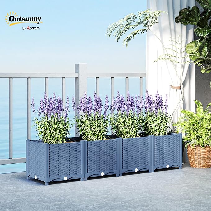 Outsunny 5 x 1 x 1 ft Raised Garden Bed, Indoor Outdoor Plastic Planter Box with Drainage Holes, Drain Plugs and Water Reservoirs for Vegetables, Herbs, Flowers & Succulents, Blue