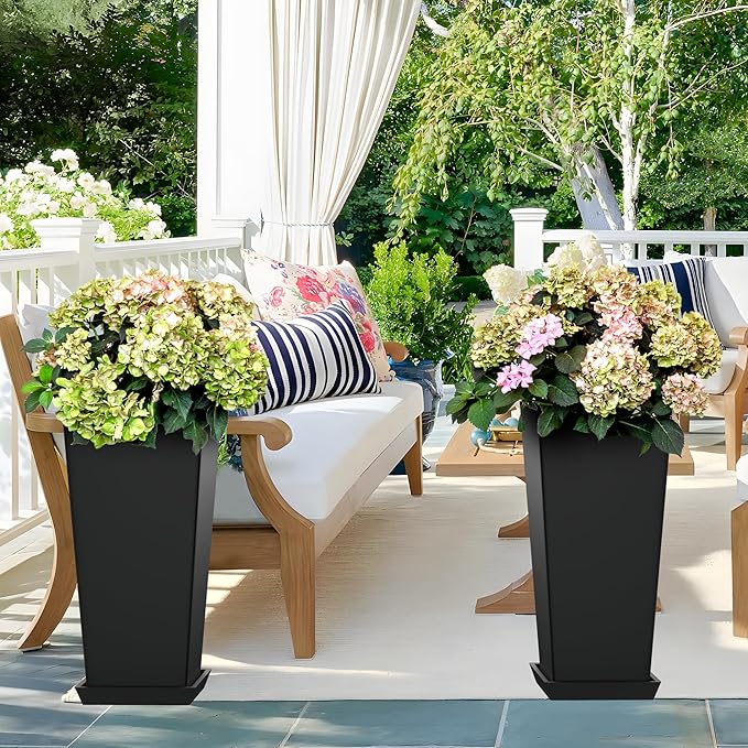 Set of 4 24" Tall Plastic Planters with Trays, Large Tapered Plant Pots for Indoor Outdoor Use, Modern Decorative Planters for Porch, Patio, Garden, and Backyard