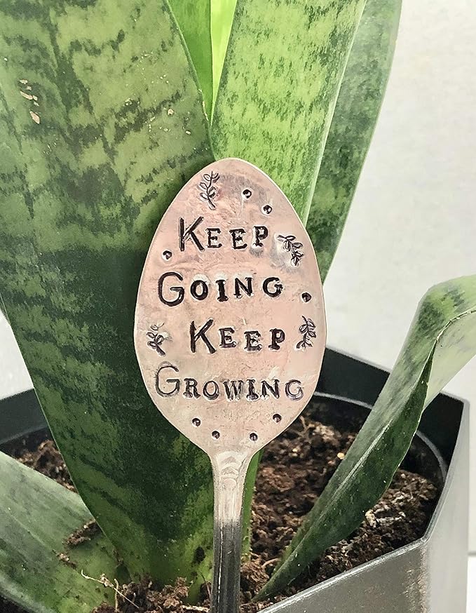 Garden Marker, Keep Going Keep Growing, Silver Plate Stamped Spoon