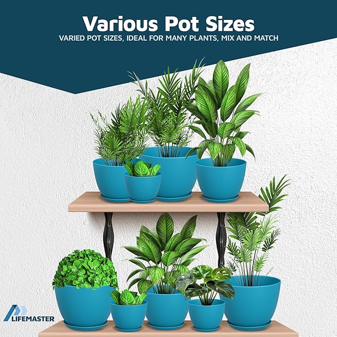 Blue Plant Pots with Drainage Holes & Saucers 15 Pack, Indoor & Outdoor Stackable Space-Saving Planters for Houseplants & Flowers, (7", 6.7", 6", 5.3", and 4.8" Inches), Durable & Weatherproof