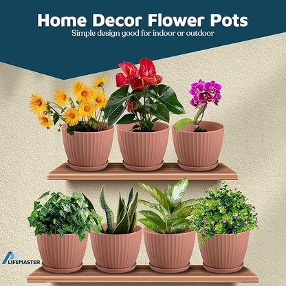 Pink 6-Inch Plant Pots with Drainage & Saucers 6 Pack, Indoor & Outdoor Planters for Houseplants, Herbs, and Flowers, Durable & Weatherproof Material, Stackable, Lightweight, Minimalist Design