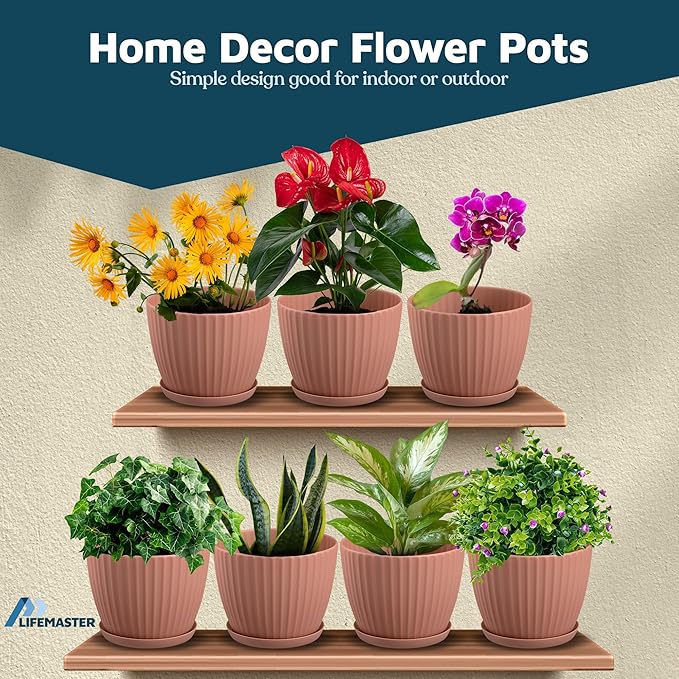 Pink 6-Inch Plant Pots with Drainage & Saucers 3 Pack, Indoor & Outdoor Planters for Houseplants, Herbs, and Flowers, Durable & Weatherproof Material, Stackable, Lightweight, Minimalist Design