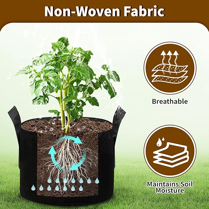 12 Pack 5 Gallon Grow Bags, Heavy Duty 300g Nonwoven Fabric Plant Pots with Reinforced Handles, Breathable Tomato Potato Vegetable Grow Bags for Garden & Patio - Black