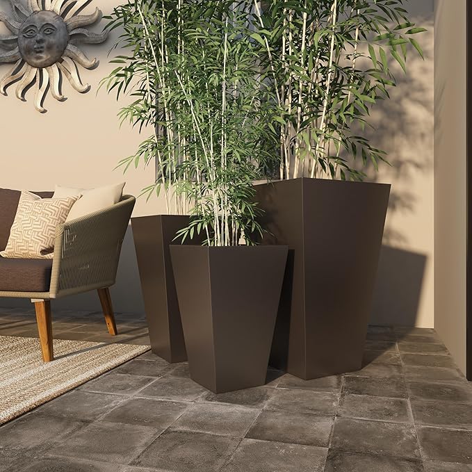 Deco 79 Metal Indoor Outdoor Planter Light Weight Large Planter Pot with Tapered Base and Polished Exterior, Set of 3 Planters 17", 21", 25"H, Gray