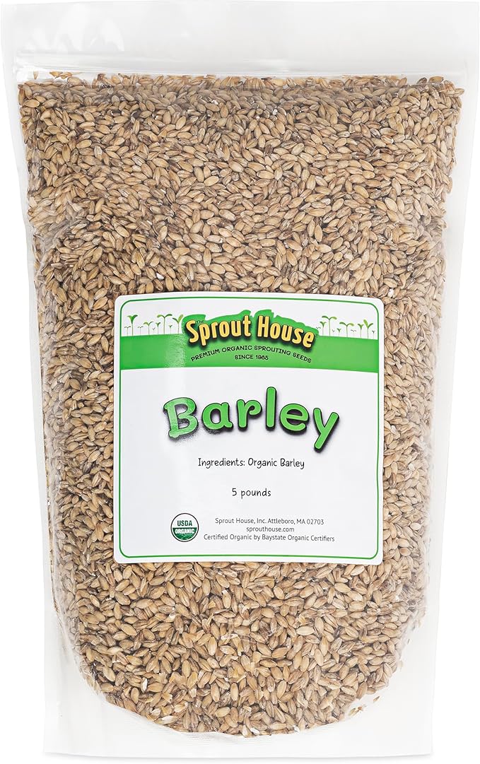 The Sprout House Barley Seed- Whole and unhulled, 5LB Certified Organic, Juice and Beer Brewing Malt, Microgreens Growing.