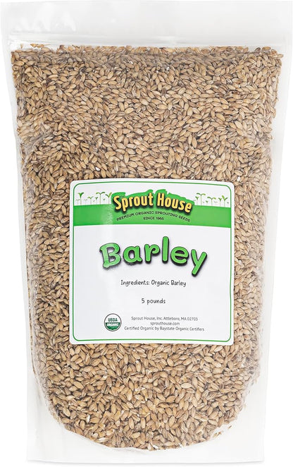 The Sprout House Barley Seed- Whole and unhulled, 5LB Certified Organic, Juice and Beer Brewing Malt, Microgreens Growing.