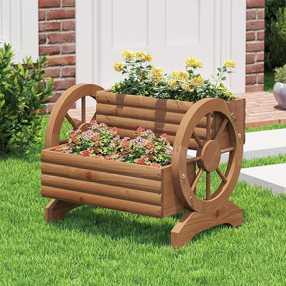 Wooden Wagon Planter Outdoor Flower Cart with Wheels Garden Planter, Decor Planter for Patio Balcony Decoration Succulent Flower Pot for Indoor Backyard Balcon Yard Decor planters (Brown)