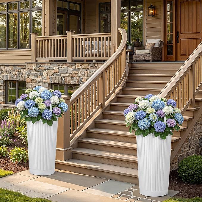 Set of 2 Tall Self-Watering Planters, 24" Large Planters with Water Level Indicator for Indoor & Outdoor Plants, Modern Planters for Garden, Patio, Balcony, Porch, White