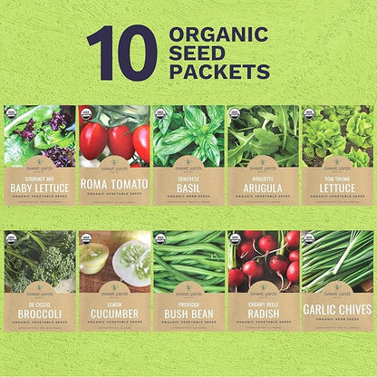 Organic Container Garden Seeds Variety Pack - 10 Individual Packs - 2026 Season - Roquette arugula, Genovese Basil and More! for Indoor & Outdoor Planting (Non-GMO, Certified Organic)