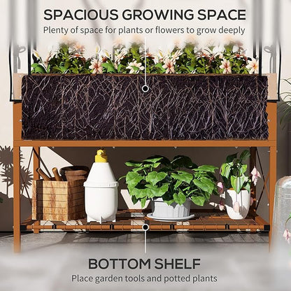 Outsunny Raised Garden Bed with Cover and Storage Shelf, Rectangular Metal Elevated Planter Box with Legs and Bed Liner for Vegetables, Flowers, Herbs, Dark Brown